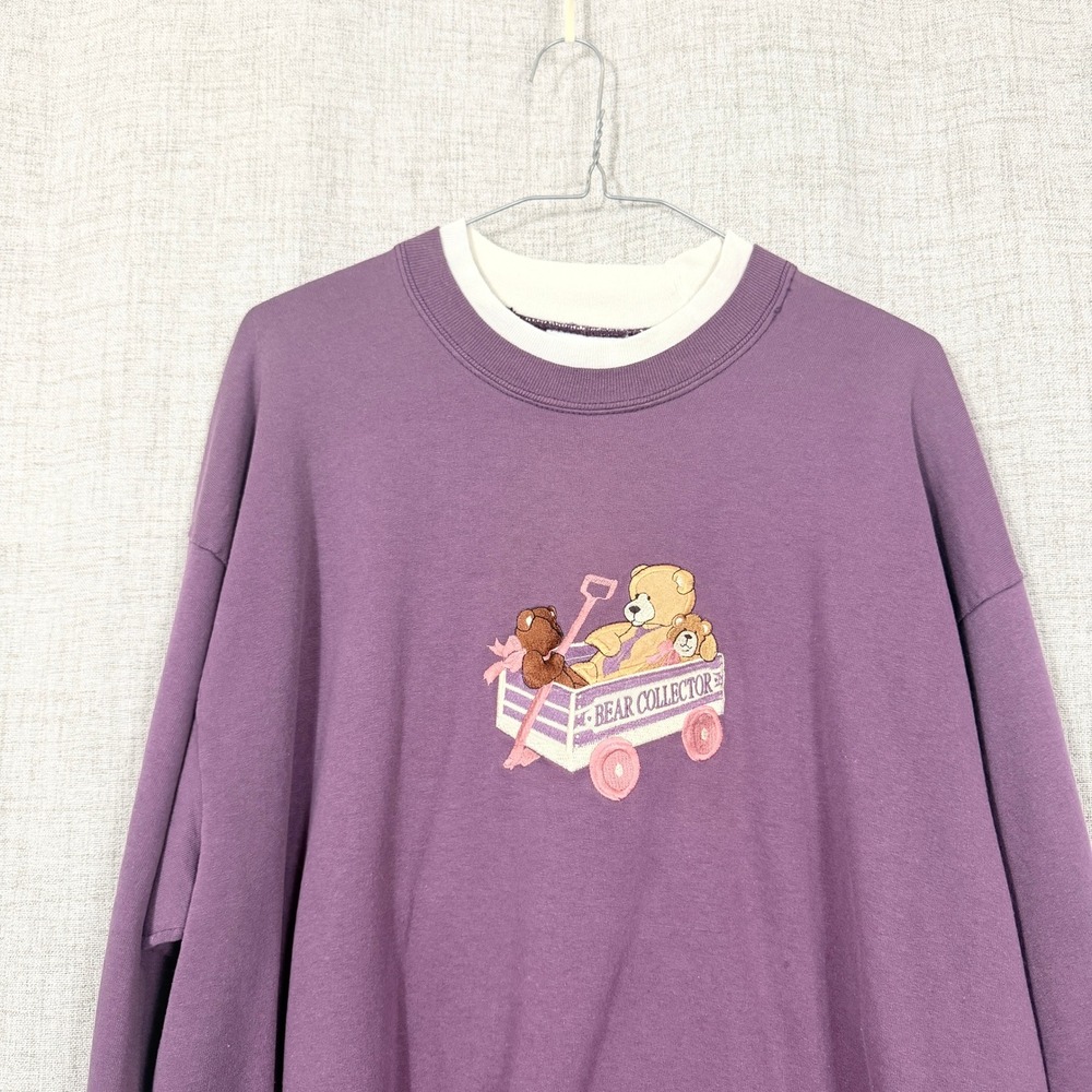 Vtg Teddy Bear Sweatshirt Sz XL Purple Bear Collector 90s Grandma Cottagecore - Picture 2 of 7